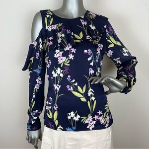 Karen Millen 6 Cold Shoulder Floral Long Sleeve Blouse Ruffled Front Tailored
